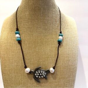 Artisan Boho Necklace brown cord - silver Turtle, genuine pearls, turquoise bead